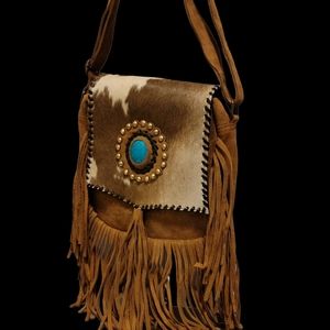 Genuine cowhide and tooled leather crossbody purse